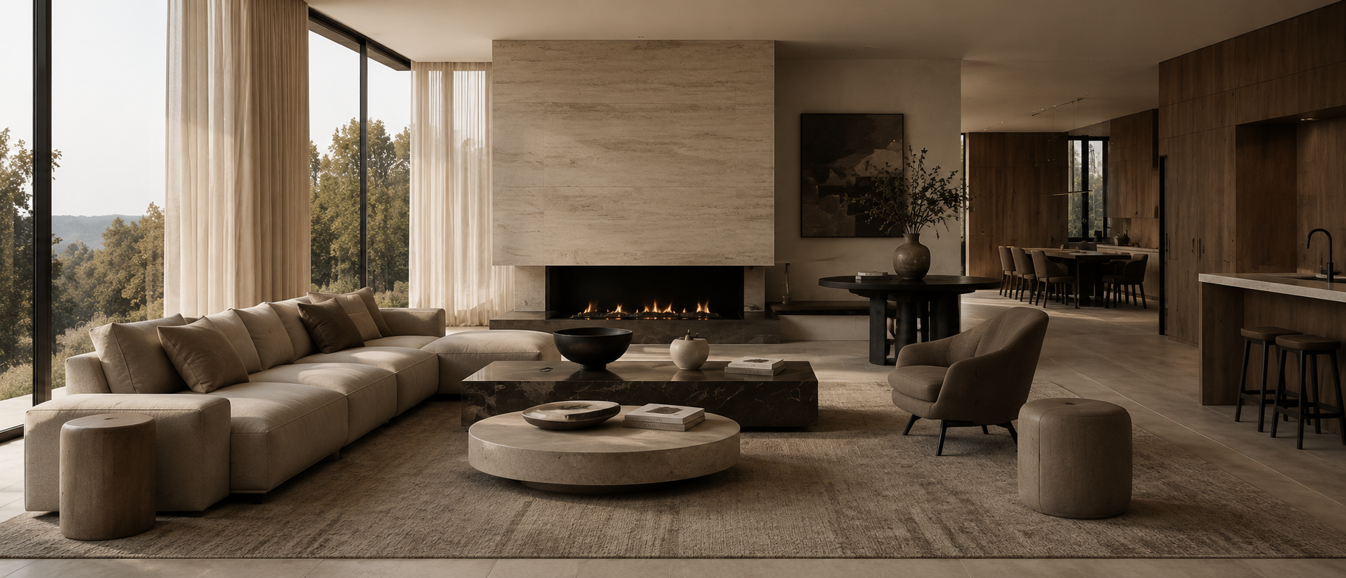 Living room with fireplace and floor-to-ceiling glass