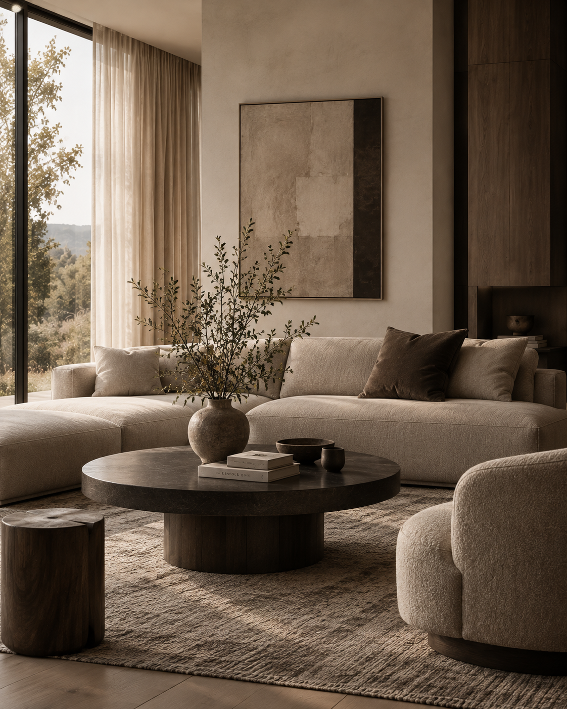 Curved sofa and coffee table vignette