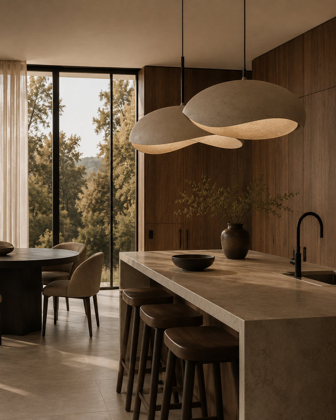 Sculptural pendant lights above kitchen island