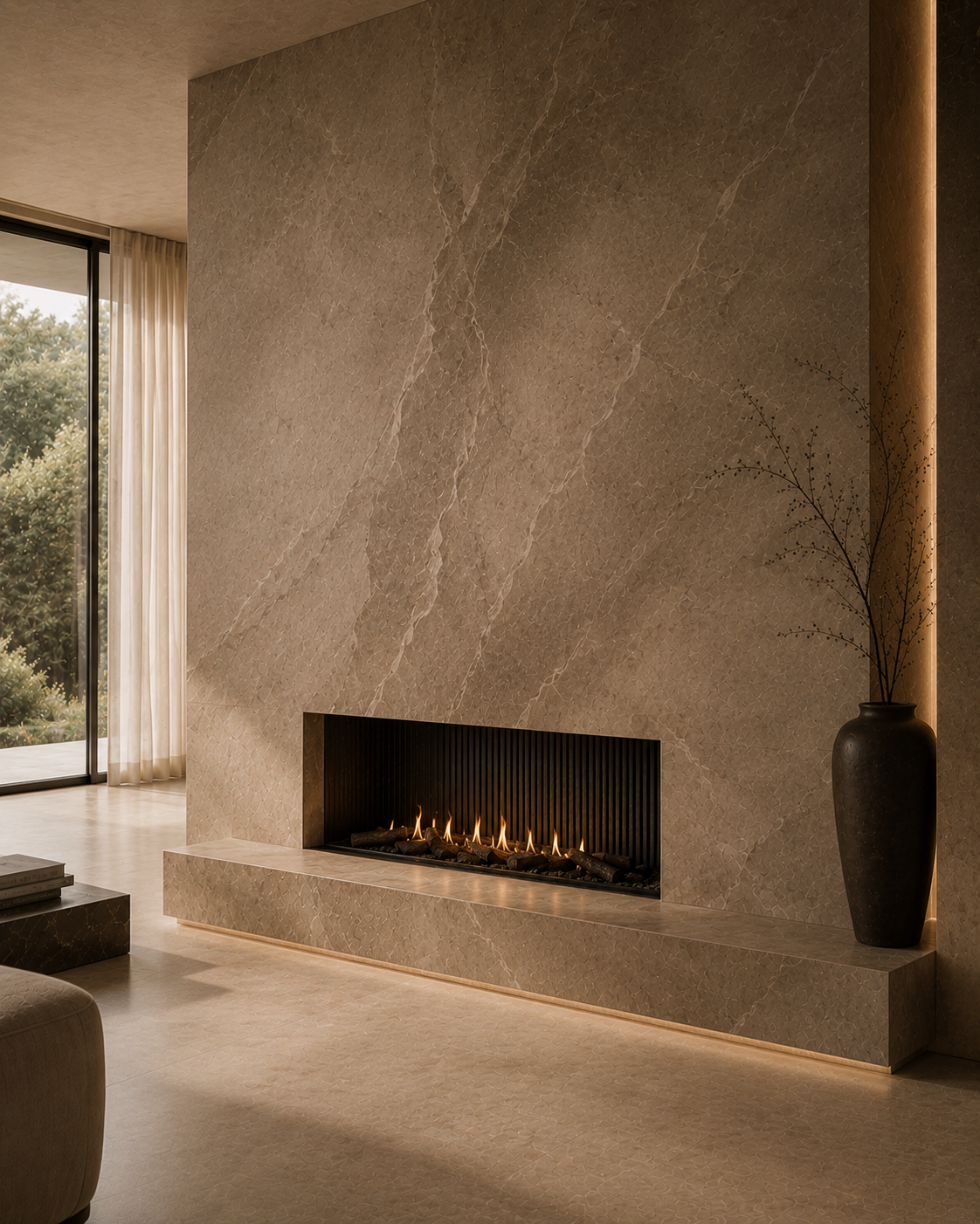 Stone-clad fireplace wall with custom finishes