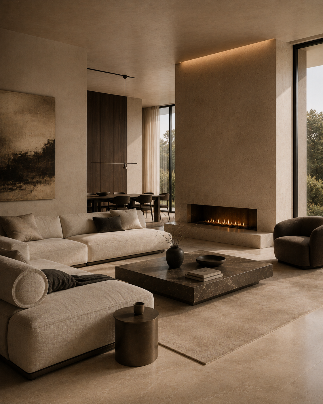Living and dining space with fireplace