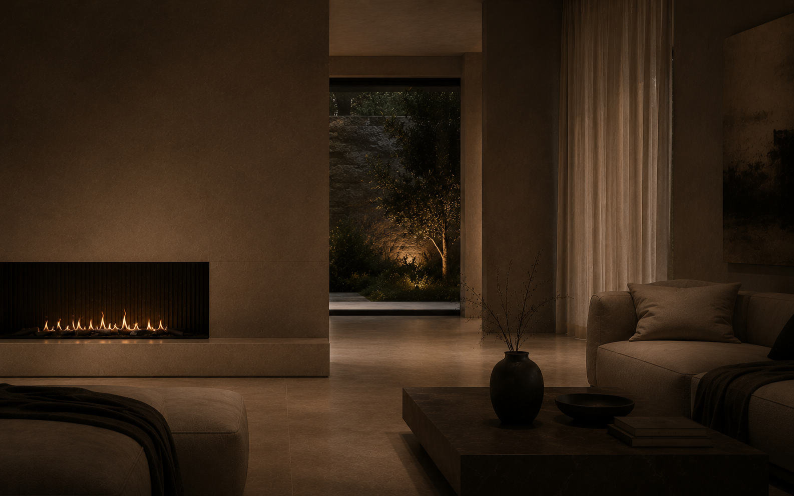 Dark, intimate living room with lit fireplace